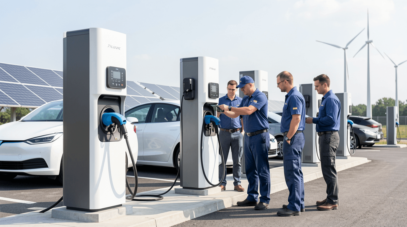 Techniciens intervenant sur des bornes IRVE en environnement de mobilité électrique