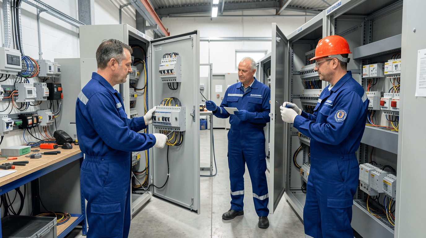 Formation en habilitation électrique devant des armoires industrielles ouvertes